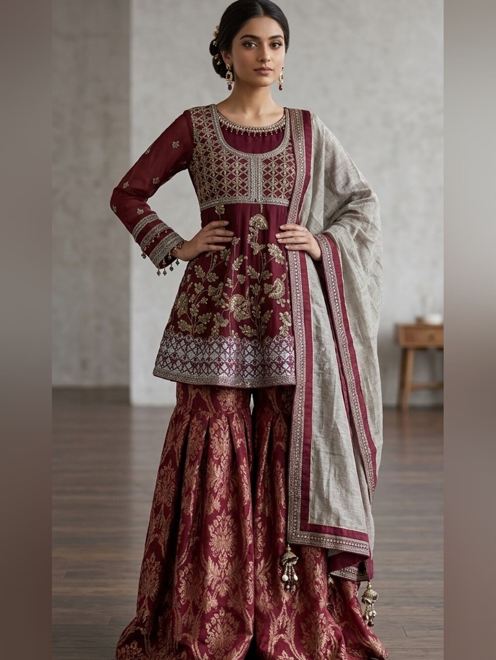 Maroon Embroidered Peplum Anarkali Dress with Gharara And Beige Dupatta